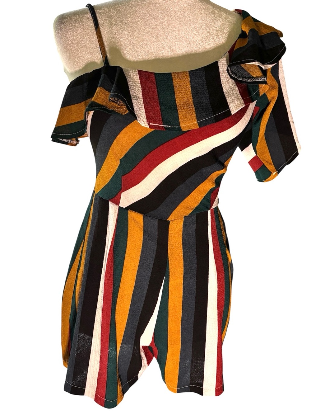 Boohoo Striped Off Shoulder Romper | Multicolor Ruffle Summer Playsuit